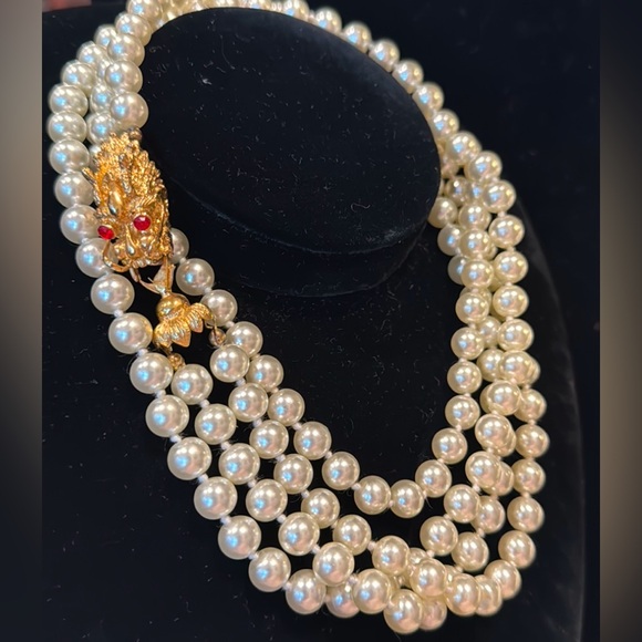 Jewelry - Vintage Strand of Hand-Knotted Faux Pearls with Dragon Clasp